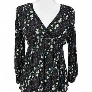 Black floral long sleeve babydoll blouse